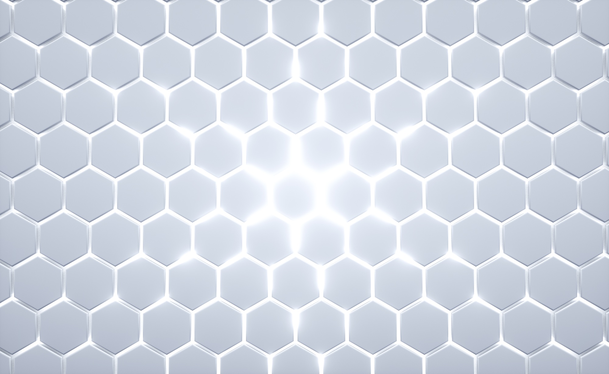 3D Illustration. Abstract hexagonal structure with bright energy light breaking through the cracks